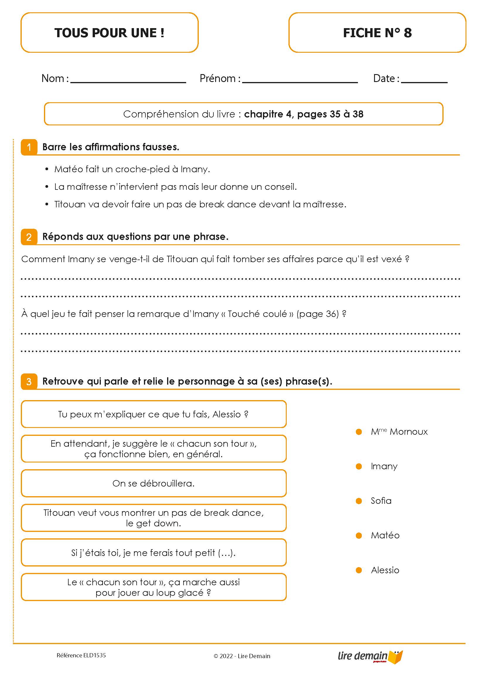 LECTURE SUIVIE - TOUS POUR UNE ! (FICHIER SEUL)