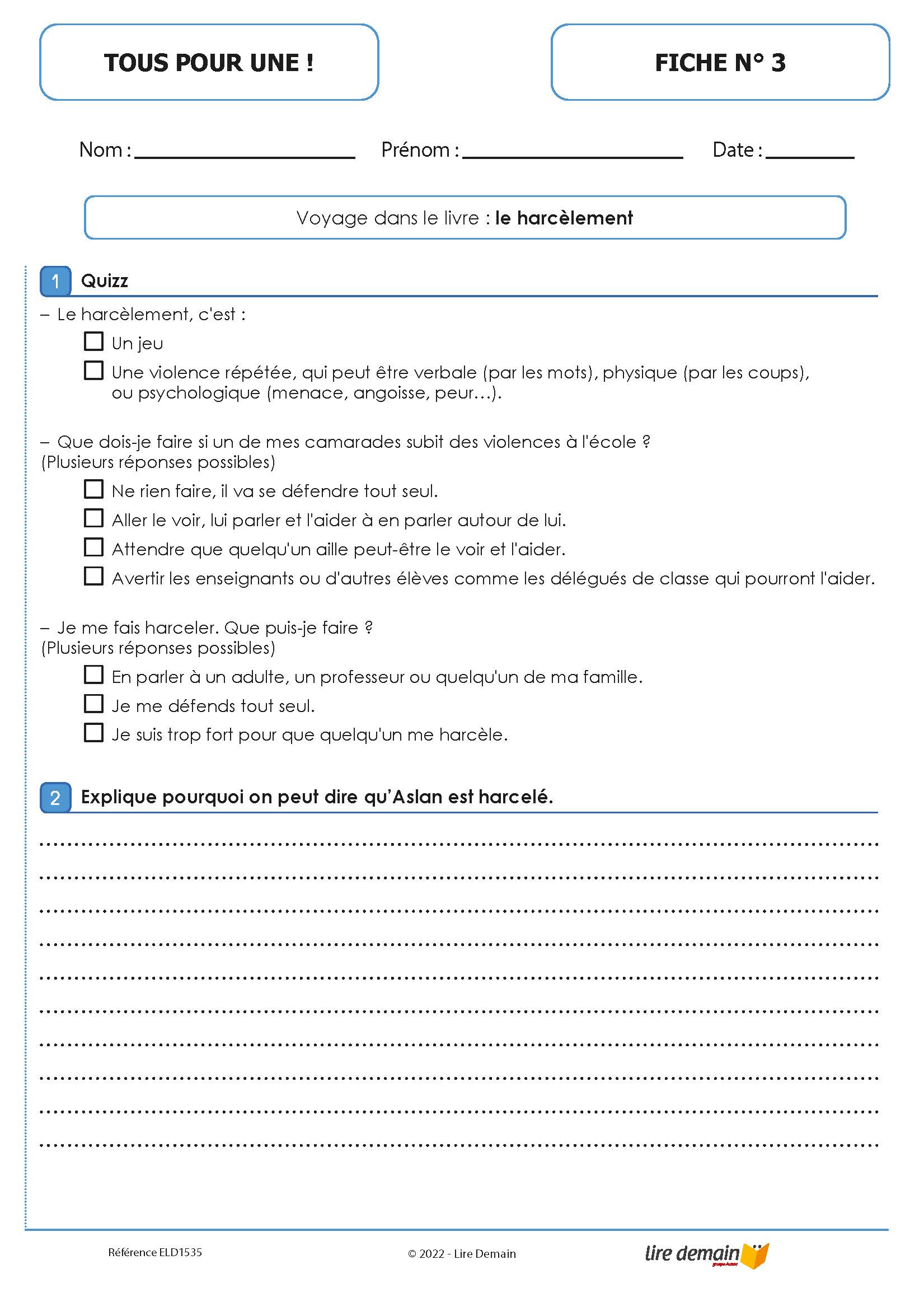 LECTURE SUIVIE - TOUS POUR UNE ! (FICHIER SEUL)