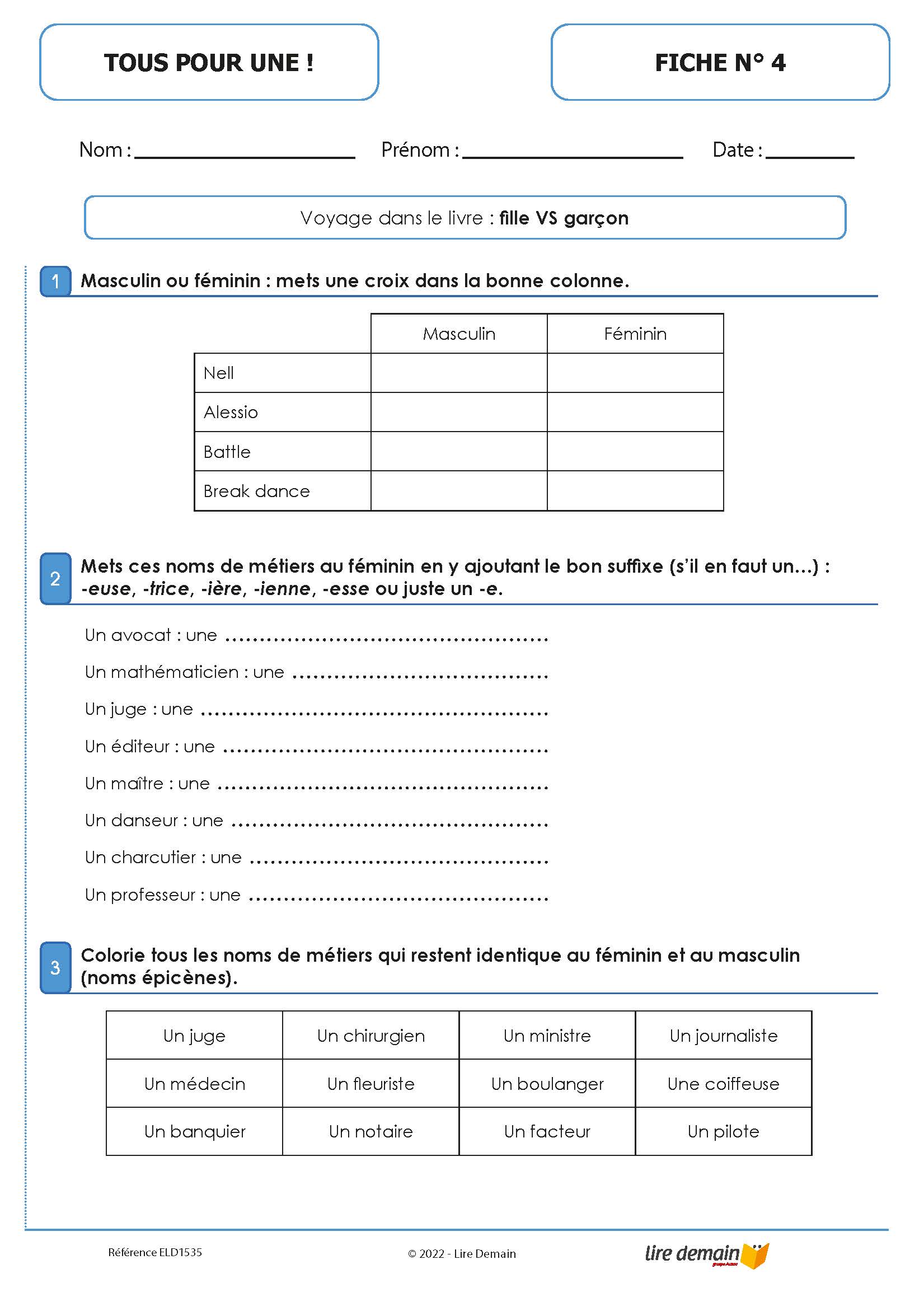 LECTURE SUIVIE - TOUS POUR UNE ! (FICHIER SEUL)