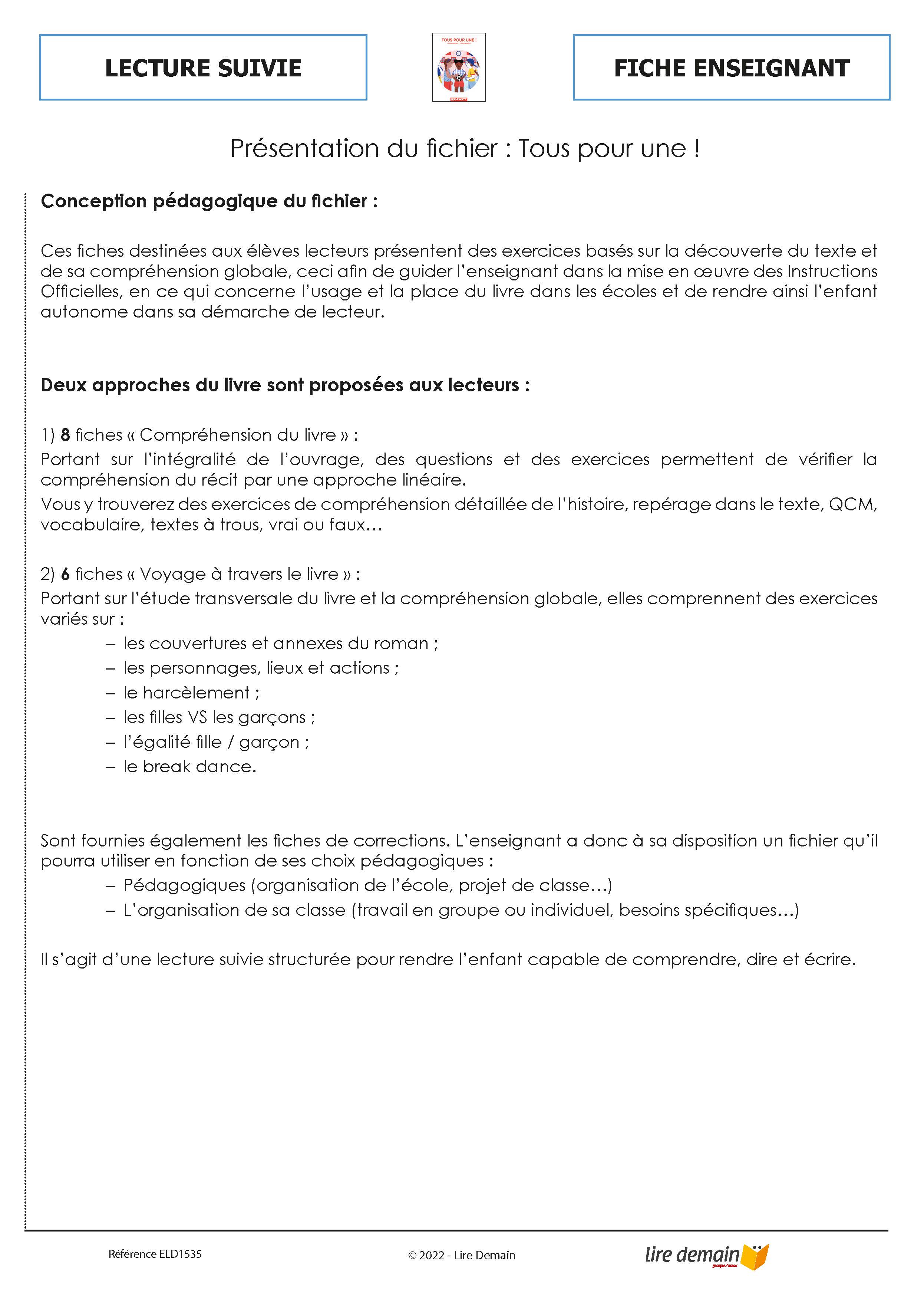 LECTURE SUIVIE - TOUS POUR UNE ! (FICHIER SEUL)