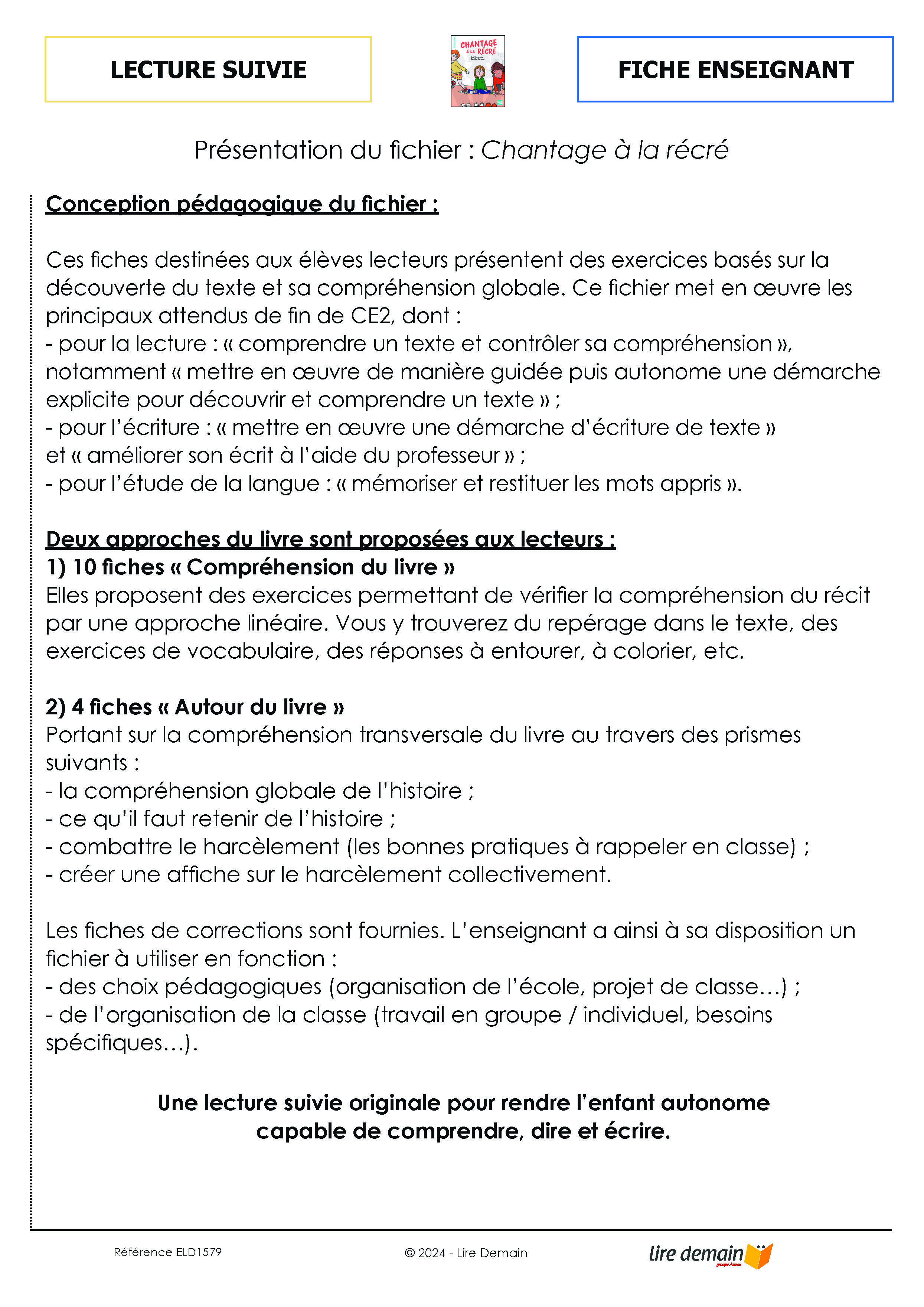 LECTURE SUIVIE CHANTAGE A LA RECRE (FICHIER SEUL)