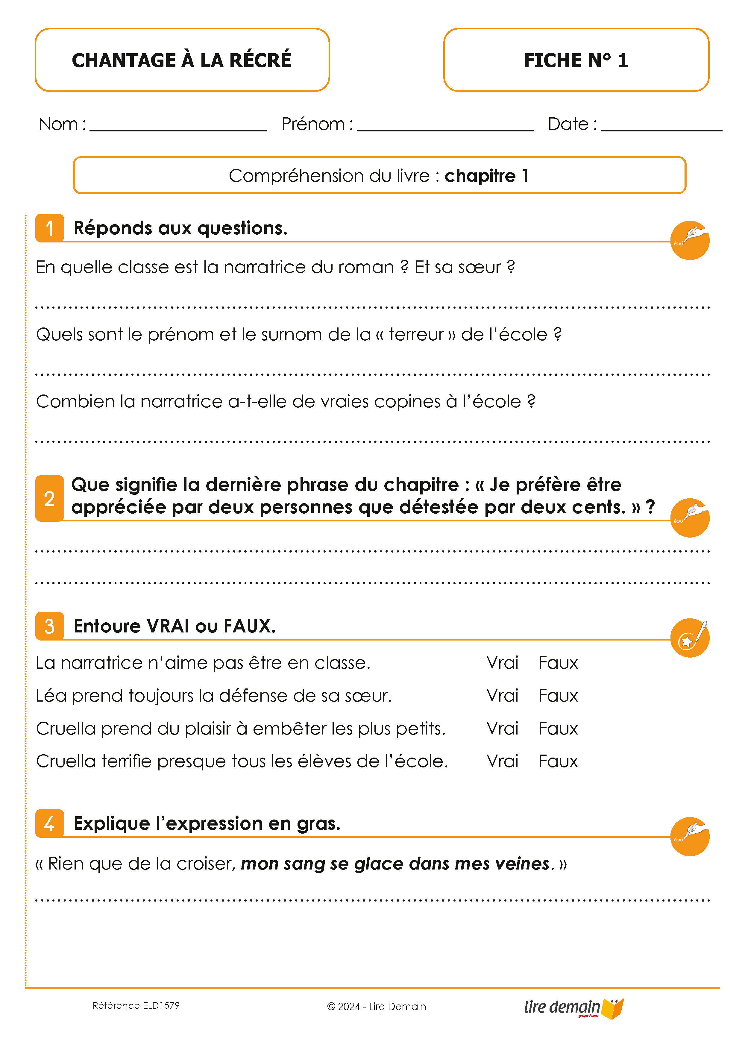 LECTURE SUIVIE CHANTAGE A LA RECRE (25 EX)