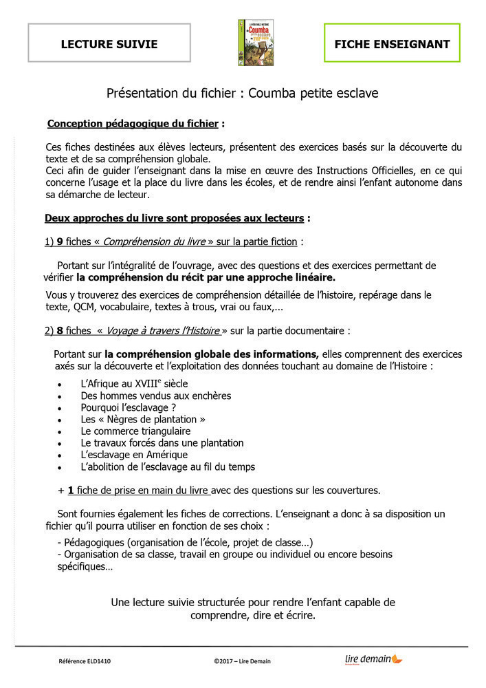 LECTURE SUIVIE - COUMBA, PETITE ESCLAVE AU XVIIIE SIECLE (FICHIER SEUL)