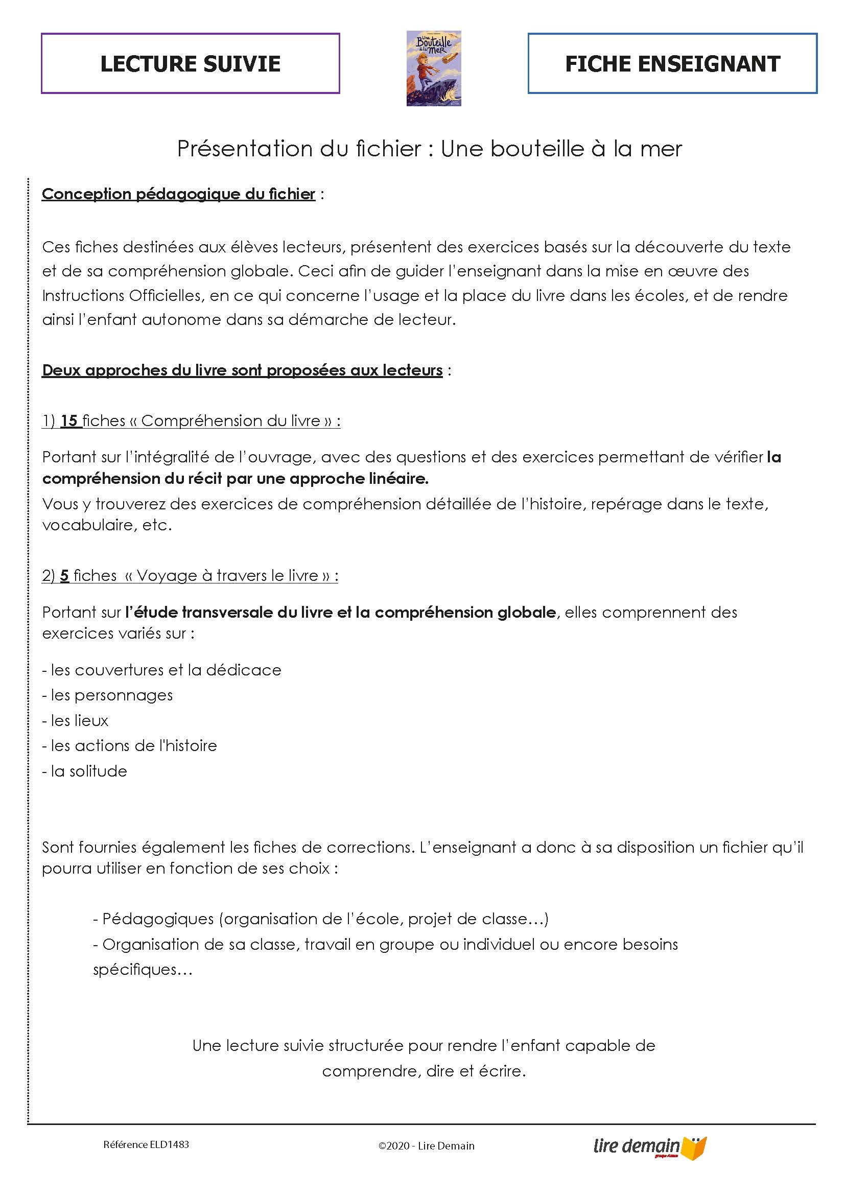 LECTURE SUIVIE - UNE BOUTEILLE A LA MER (FICHIER SEUL)